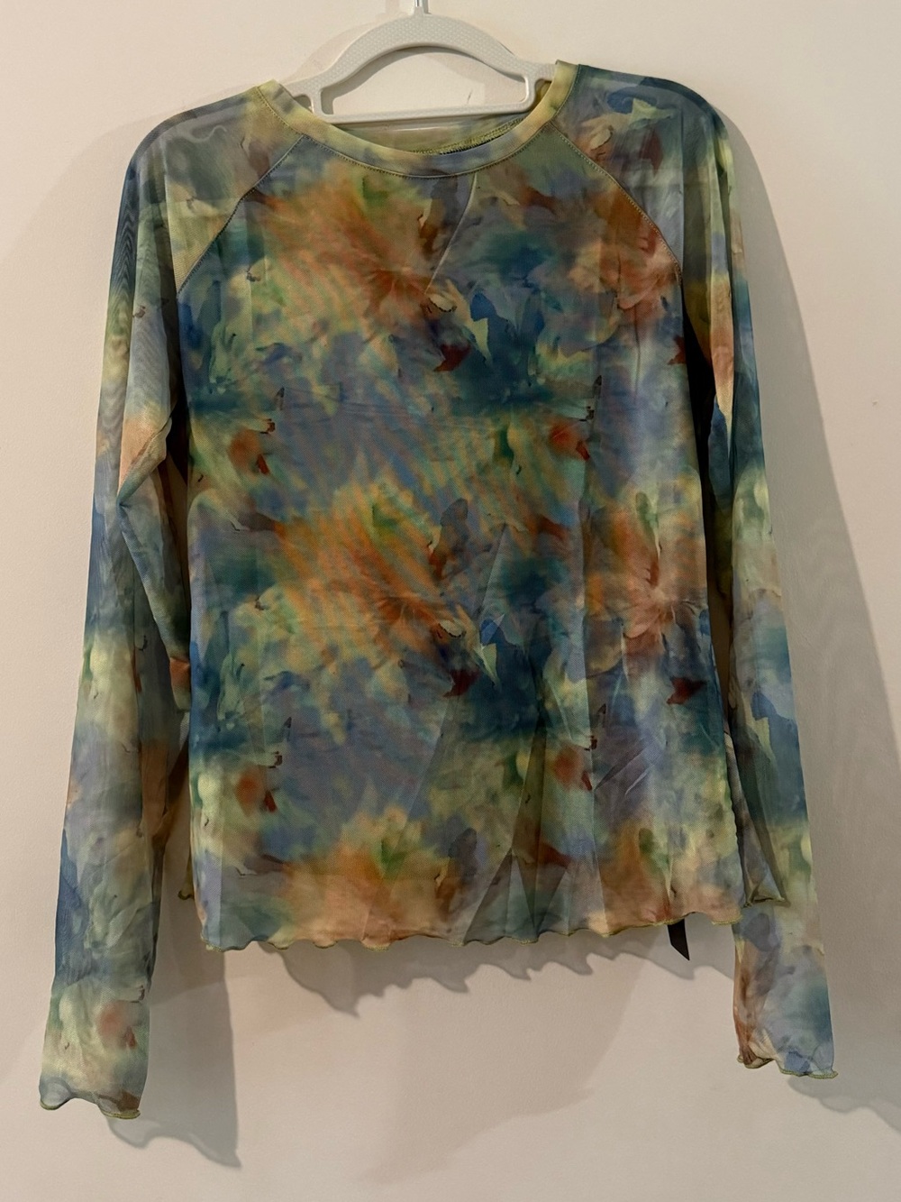 Sheer Floral Tie-Dye Long Sleeve Top - Blue & Green